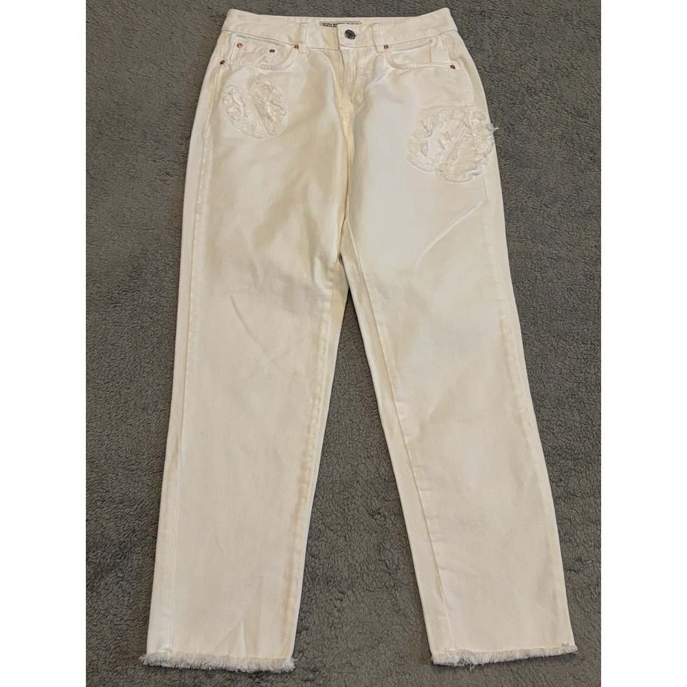 Zara Basic Z1975 Jeans Womens 02 White Denim Flower Accent Skinny Leg Ankle